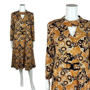 Vintage 70s Paisley Dress Women's Large Keyhole Neckline Long Sleeves Belted